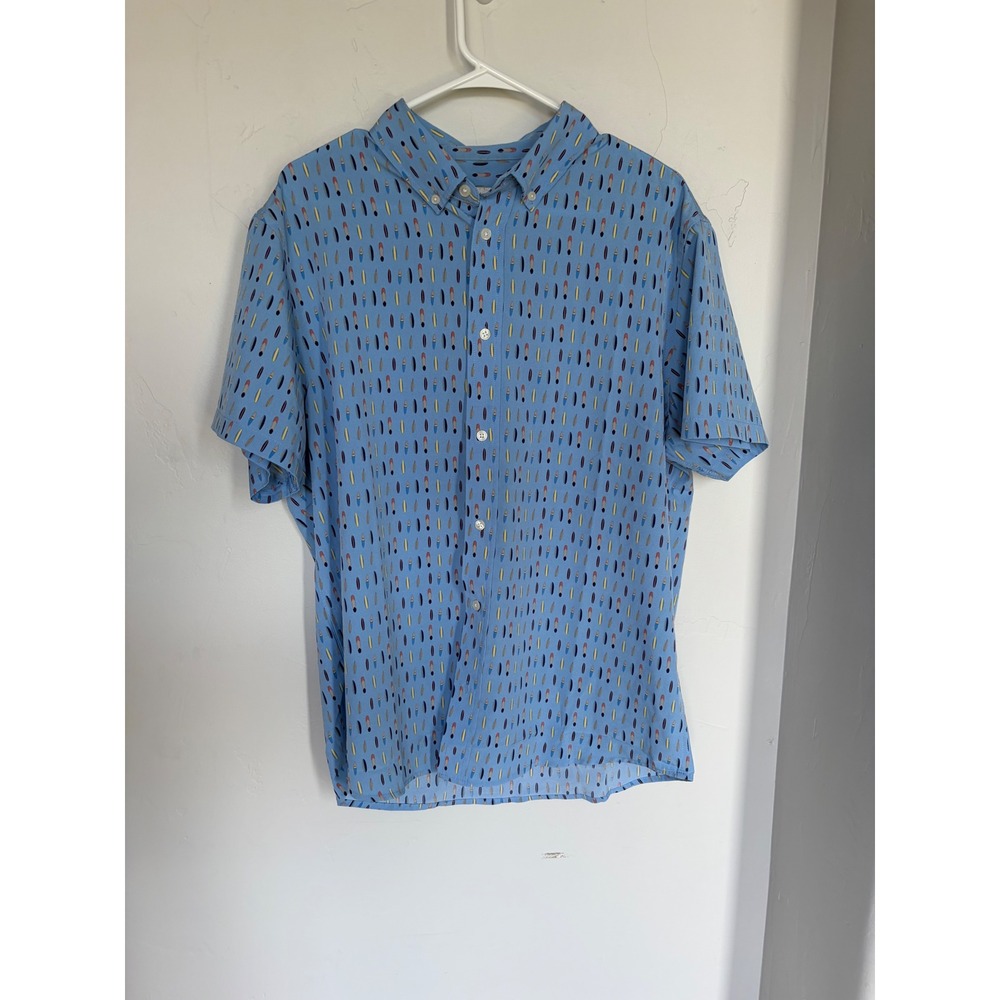 Cotton & Co Mens Large Blue Surfboard Print Short Sleeve Button Down Shirt